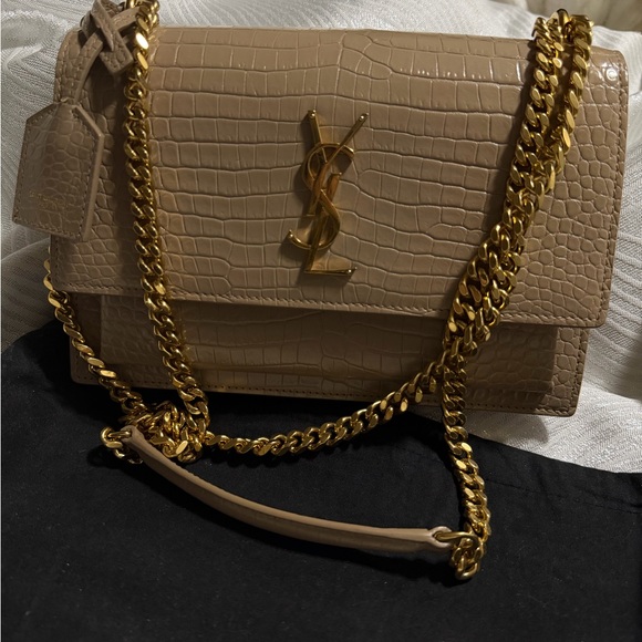 Yves Saint Laurent Handbags - Yves Saint Laurent Tan Croc-Embossed Crossbody with Gold Chain